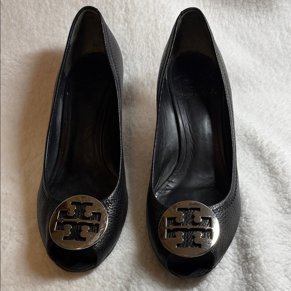 Tory Burch Black Leather Peep-Toe Heels